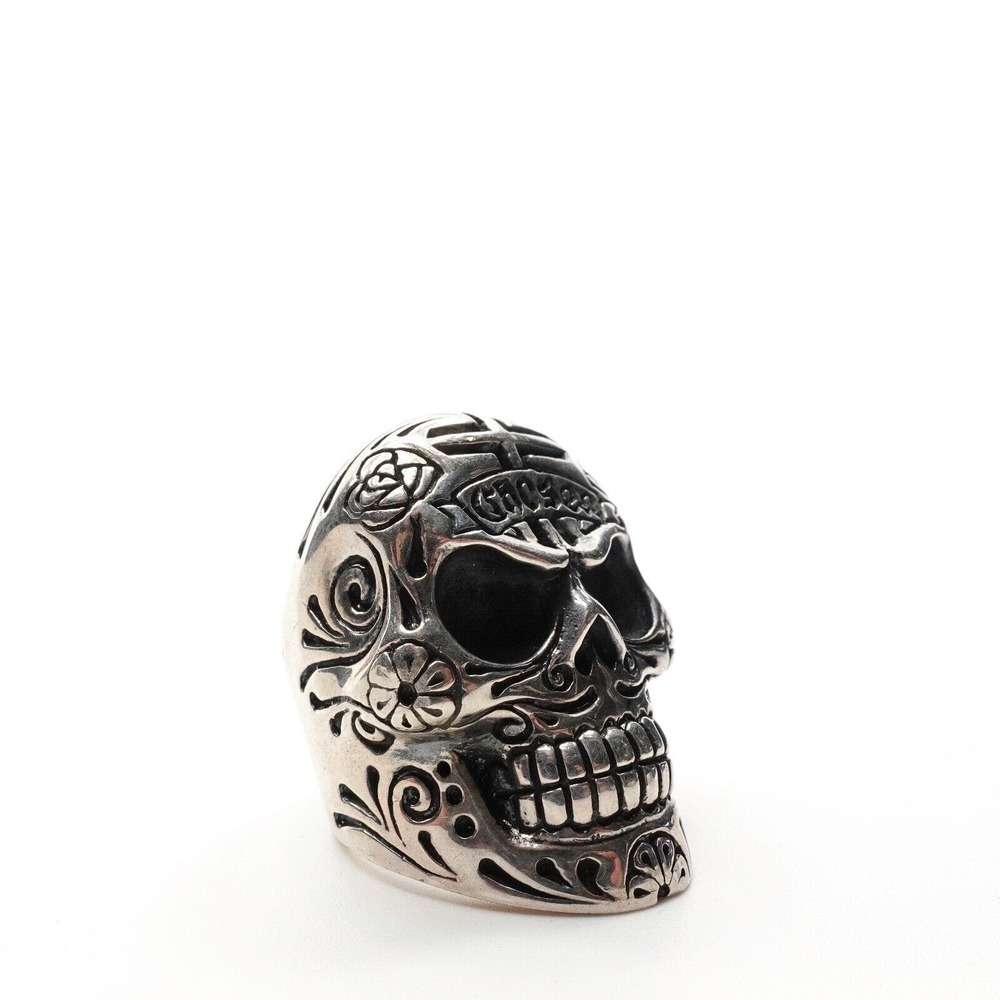 King Baby Studio Large Skull Cross Chosen Floral Ring Fine Silver .925 Size 9.5